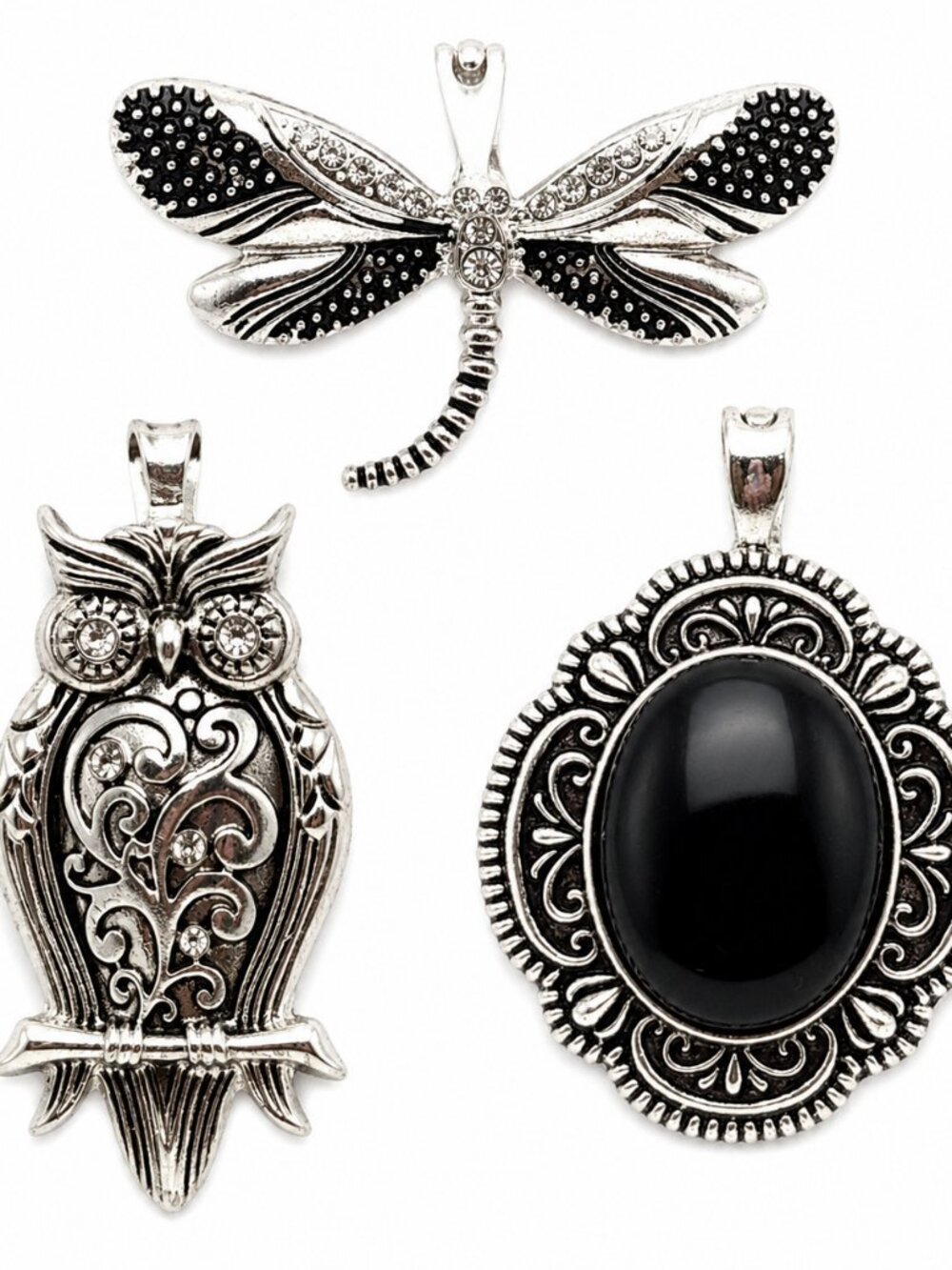 Roman Pendants silver tone choice of dragonfly owl black stone all NEW